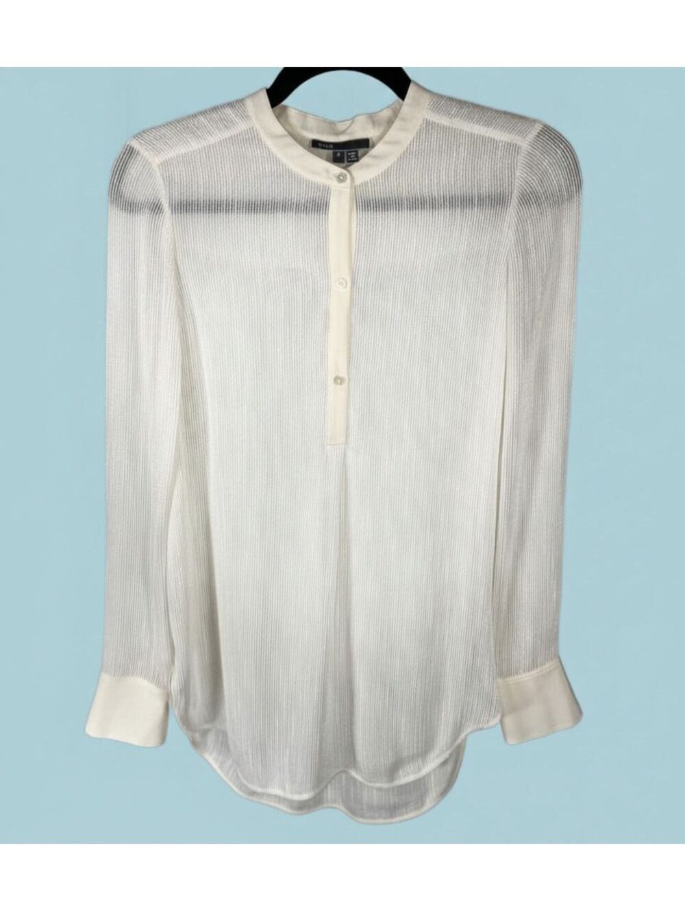 Vince Silk Blend Sheer Pleated Henly Blouse Off White Cream Womens Size 4